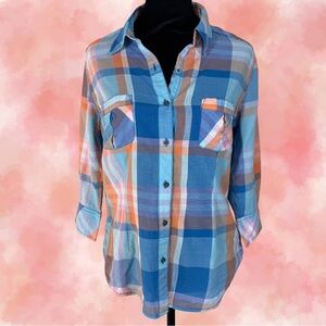 Natural Reflections Plaid Blouse 100% Cotton Blue Orange Roll Tab Sleeve Medium